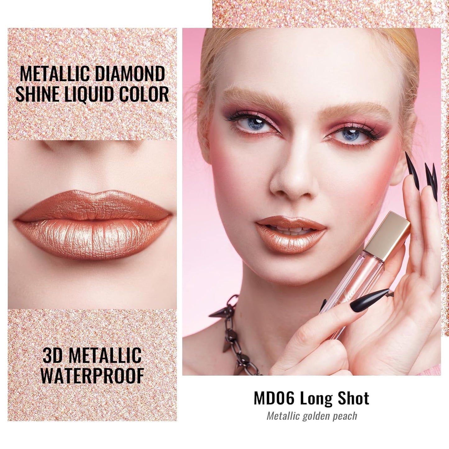 Oulac Bronzy Pink Lip Gloss Metallic Shine Lipstick for Women, Dual Use for Lips & Eyeshadow,Long Lasting Waterproof, High Impact Lip Color, 3D Metallic Finish, No Transfer, Vegan MD06