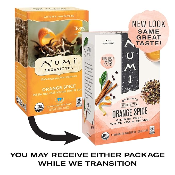 Numi Organic Tea Orange Spice, 16 Count Box of Tea Bags (Pack of 6), White Tea