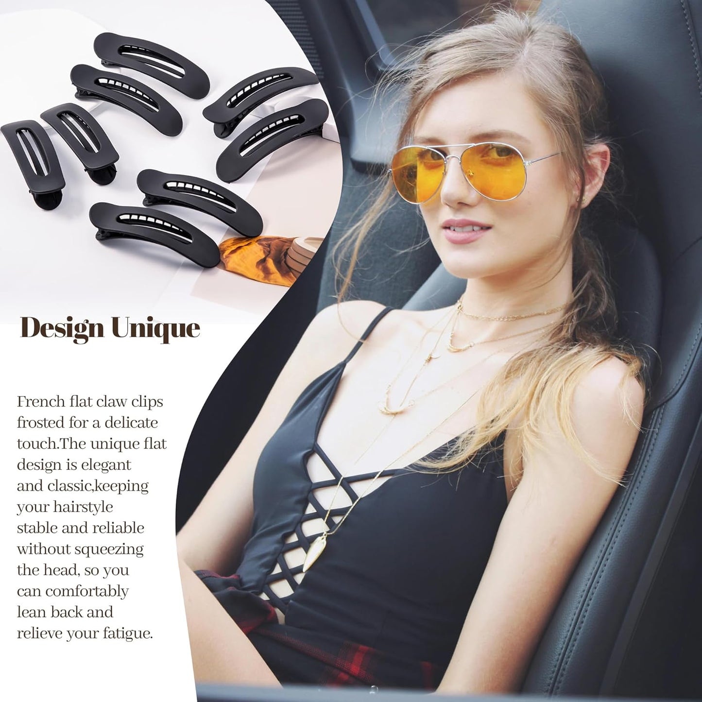 8 Pcs Large Lay Flat Claw Clips for Women French Side Slide Barrettes for Thin Fine Hair Rectangle Alligator Hair Accessories,Matte Black