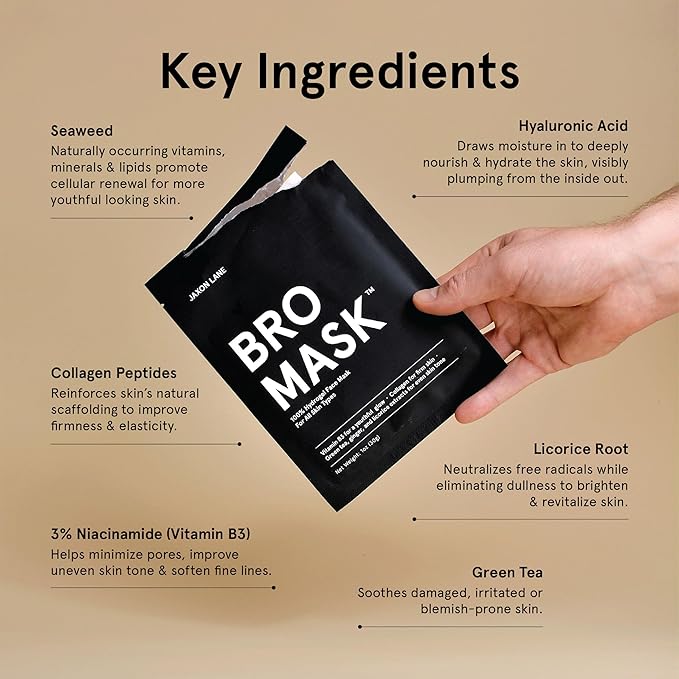 BRO MASK: Korean Face Mask for Men | 2 Pc. Hydrating Anti Aging Sheet Masks Contain Vitamin C, Vitamin E, Hyaluronic Acid, Hydrolyzed Collagen for Face Care, Acne Treatment (2 X 4 Packs)