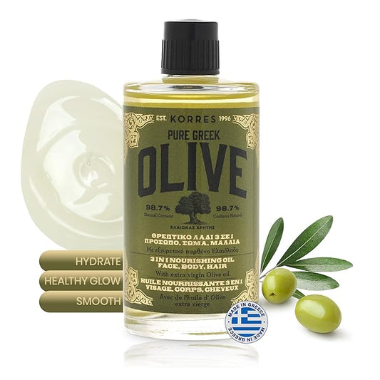 KORRES Extra Virgin Olive Oil for Face, Hair and Body, Moisturizer for Dry Skin and Hair, Pure, Greek Cold Pressed Olive Oil, Multi-Tasker Skincare for Women, Hydrating and Nourishing, 3.38 fl oz