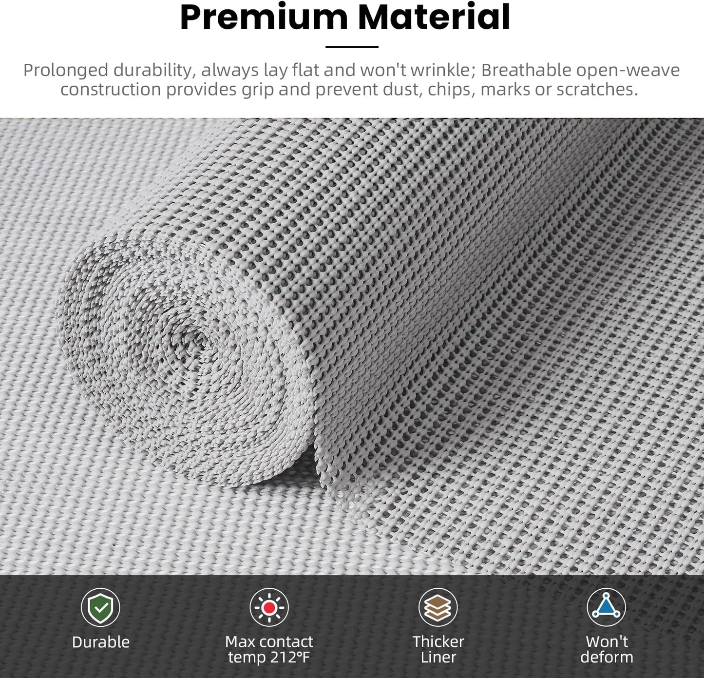 BAGAIL Drawer and Shelf Liner, 12 in X 20 Ft Non-Adhesive Shelf Liners for Kitchen Cabinets, Thick Strong Grip Liners for Desk, Shelves, Bathroom Drawers, Cabinet Protection - LightGrey