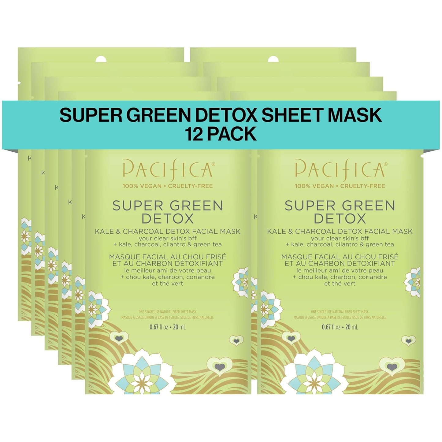 Pacifica Super Green Detox Sheet Mask – 12-PACK Charcoal, Kale & Clay Pore Cleansing Mask for Oily, Blemish-Prone Skin, Deep Detox Facial Mask, Vegan