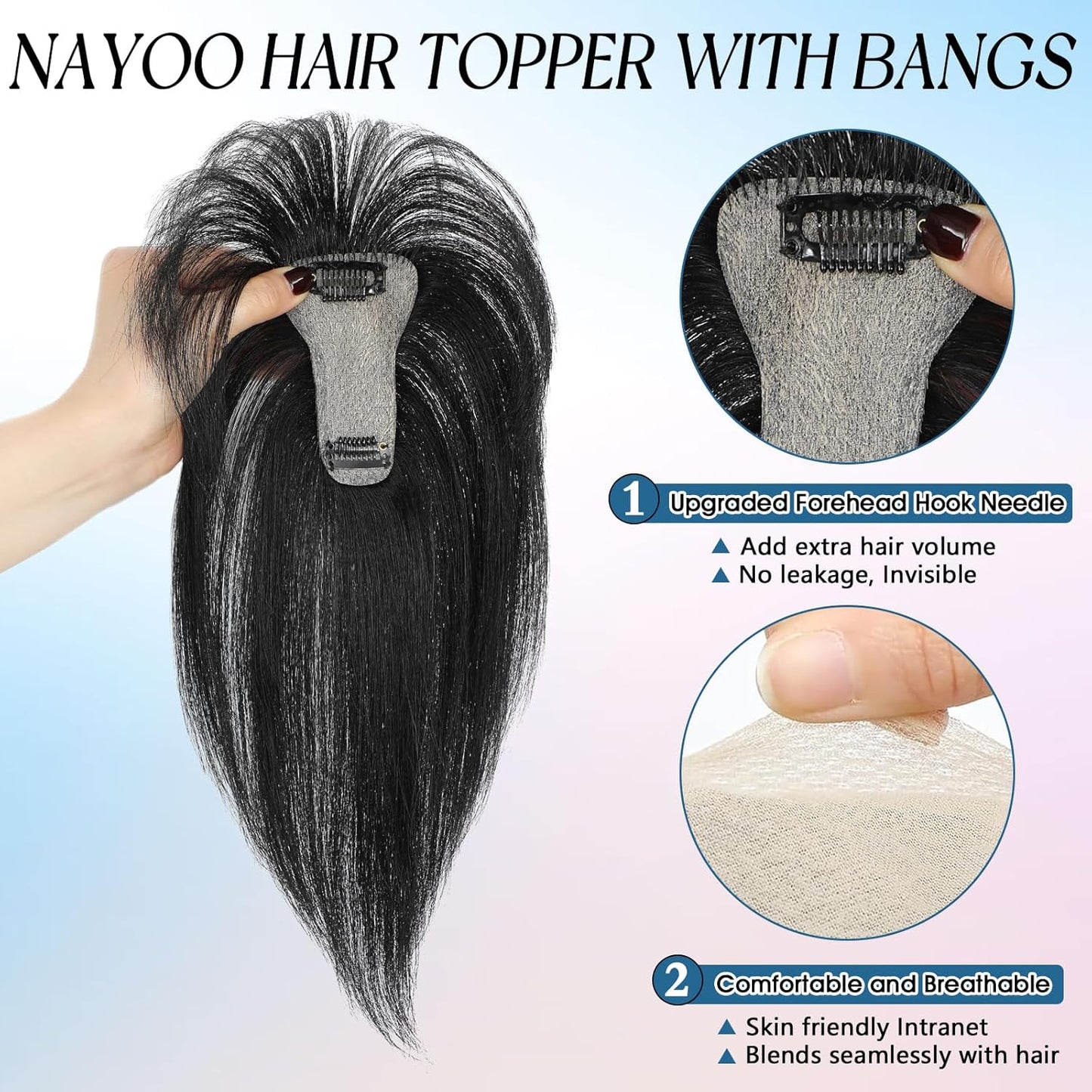 Hair Toppers for Women Real Human Hair, 360° Cover Clip in Bangs Natural Black Wispy Bangs HairPieces for Women Daily (Natural Black, 3D Bangs)