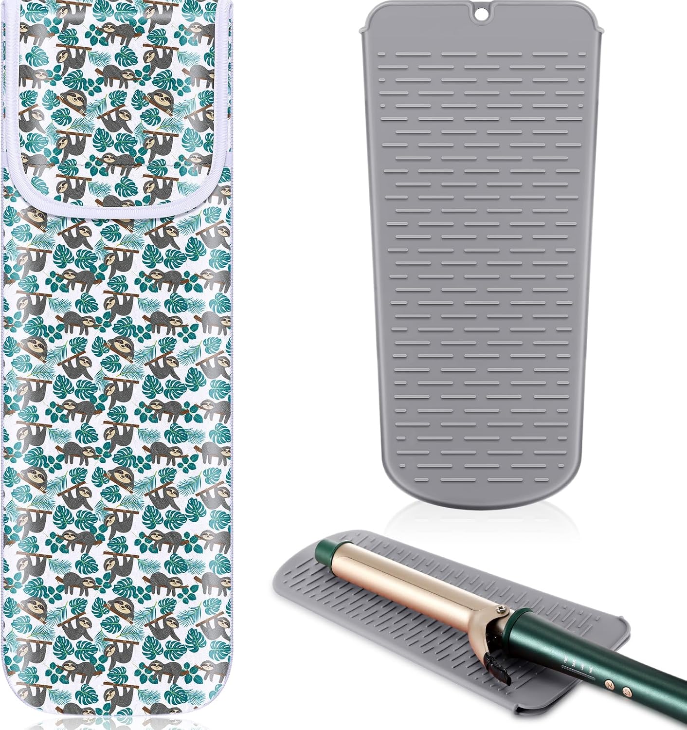 Shappy 2 Pieces Curling Iron Travel Case Cover Heat Resistant Flat Iron Holder Case Sleeve Neoprene Straightener Holder and Silicone Hot Tools Flat Bag(Sloth Style)