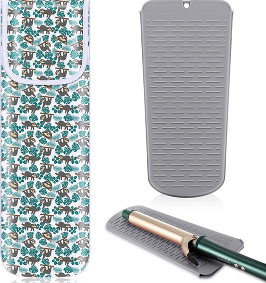 Shappy 2 Pieces Curling Iron Travel Case Cover Heat Resistant Flat Iron Holder Case Sleeve Neoprene Straightener Holder and Silicone Hot Tools Flat Bag(Sloth Style)