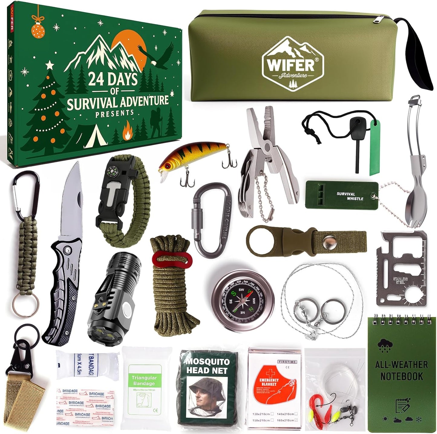 Survival Kit Advent Calendar 2025 for Men – 24 Days Christmas Countdown Survival Tools for Adult Teen, Xmas Holiday Surprise Gifts for Outdoor Enthusiasts, Camping, Fishing, Hunting, Hiking
