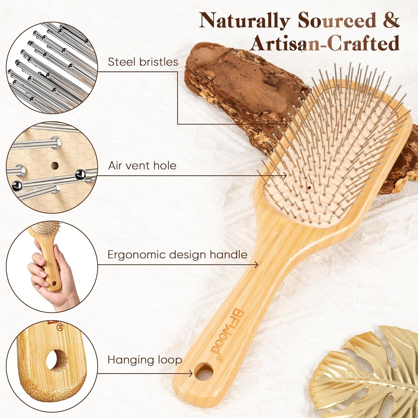 BFWood Bamboo Hair Brush with Steel Bristles, Help Hair Growth and Massaging Scalp