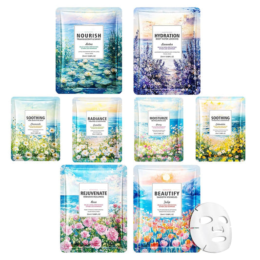 8PCS Hydrating Facial Sheet Mask,Moisturizing Face Masks Skincare Gift Set,Long Lasting Face Mask Skin Care & Facial Mask Kit for All Skin Types 22