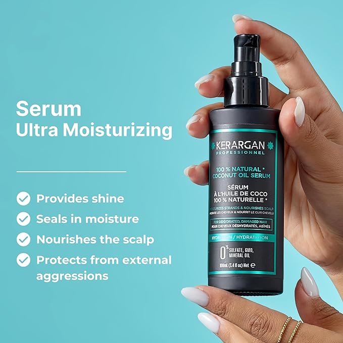 KERARGAN - Moisturizing Coconut Oil Serum - Protection & Nutrition for Dry and Damaged Hair - Radiance and Softness - Free of sulfates and GMOs - 3.4 Fl oz