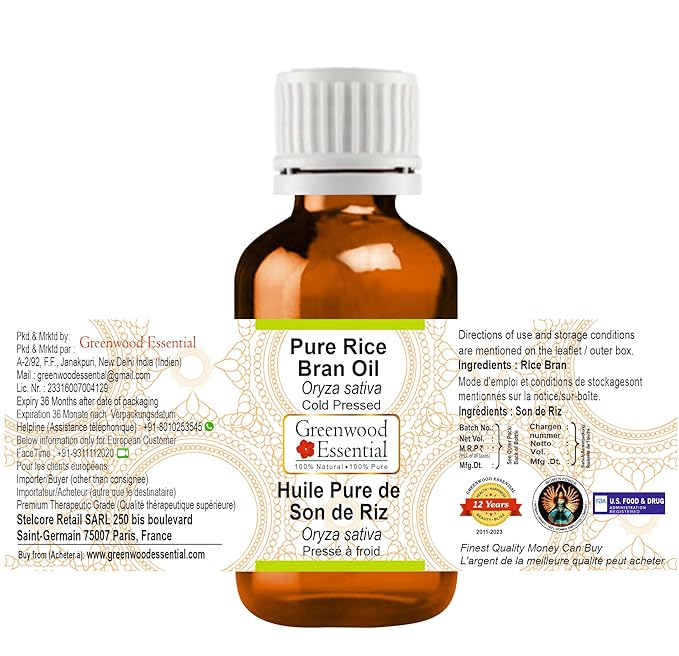 Pure Rice Bran Oil (Oryza sativa) 100% Natural Therapeutic Grade Cold Pressed for Personal Care 15ml (0.50 oz)