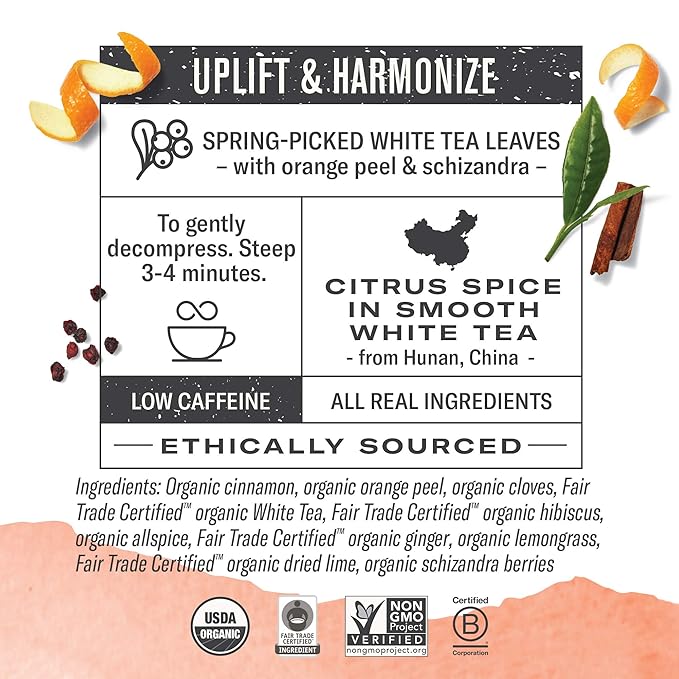Numi Organic Tea Orange Spice, 16 Count Box of Tea Bags (Pack of 6), White Tea