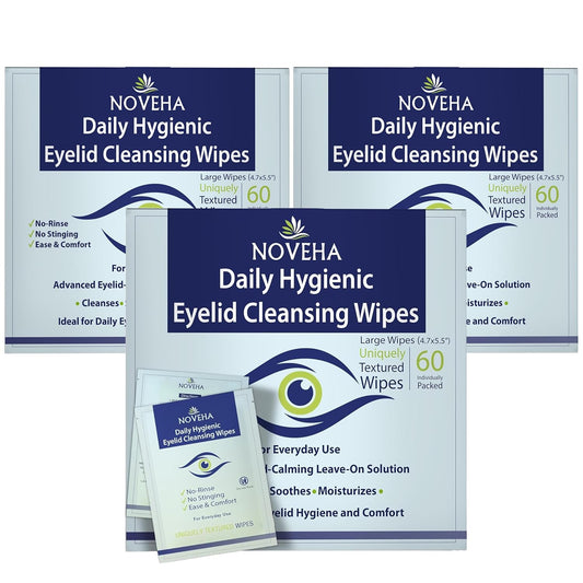 NOVEHA 180Pcs Daily Hygienic Eyelid & Lash Wipes | 120 Individually Wrapped Cleansing Eyelash Wipes - For Blepharitis & Itchy Eyes, Demodex and Natural Makeup Remover & Daily Cleanser (3 Pack)