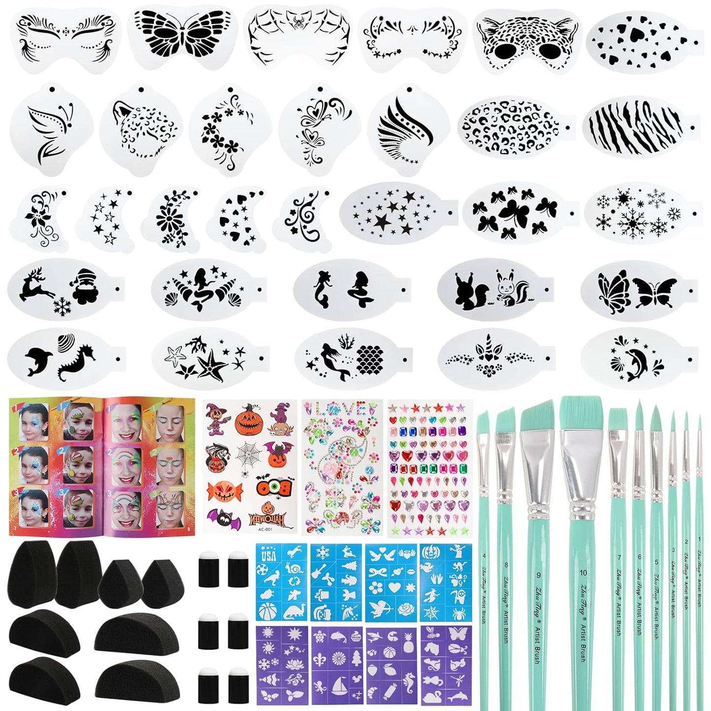 61-Piece Deluxe Face Painting brushes and Stencils Kit - Safe Non-Toxic face paint Stencils Set with 10 Pro Brushes, 8 sponges, 31 Reusable Stencils, 8 Stencils&More - For Carnival, Halloween&Parties