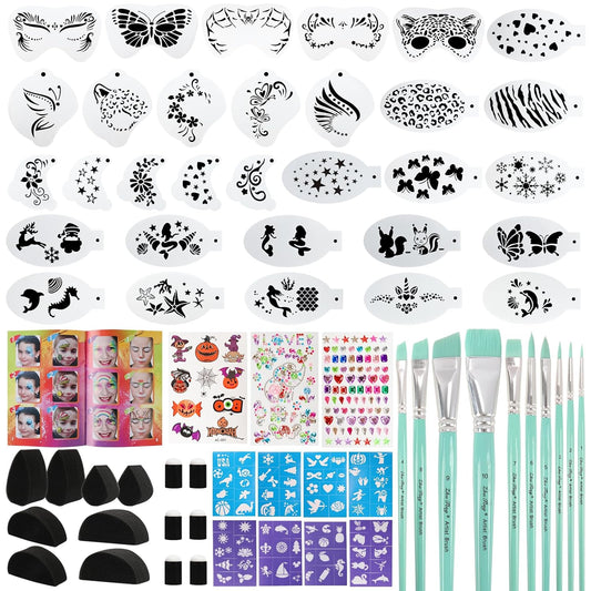 61-Piece Deluxe Face Painting brushes and Stencils Kit - Safe Non-Toxic face paint Stencils Set with 10 Pro Brushes, 8 sponges, 31 Reusable Stencils, 8 Stencils&More - For Carnival, Halloween&Parties