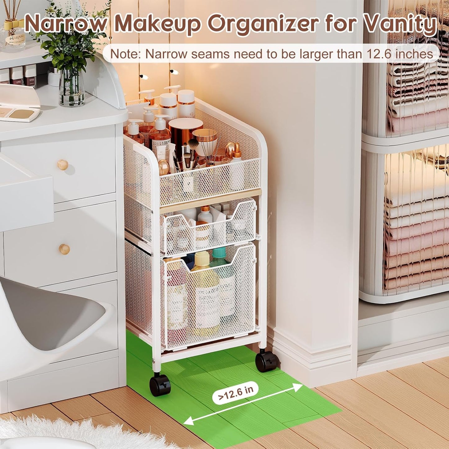 Rolling Makeup Cart Organizer with 2 Drawers, Narrow Floor Skincare Organizers, Vanity Organizer Cosmetics Display Cases Holder for Skin Care Nail Polish Perfume Makeup Brush, White