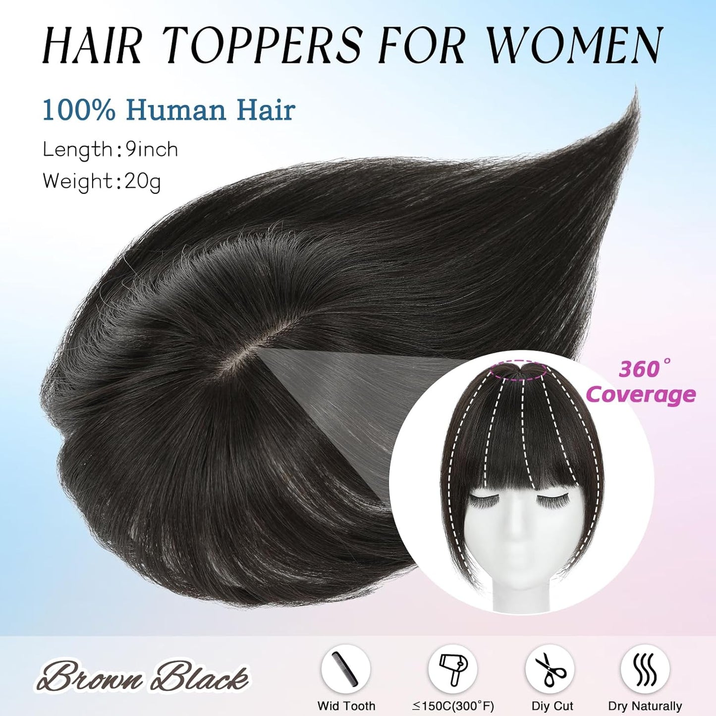Bangs Hair Clip Human Hair Natural Black French Bangs for Women Fringe with Temples Hairpieces (Brown Black, 3D Bangs)