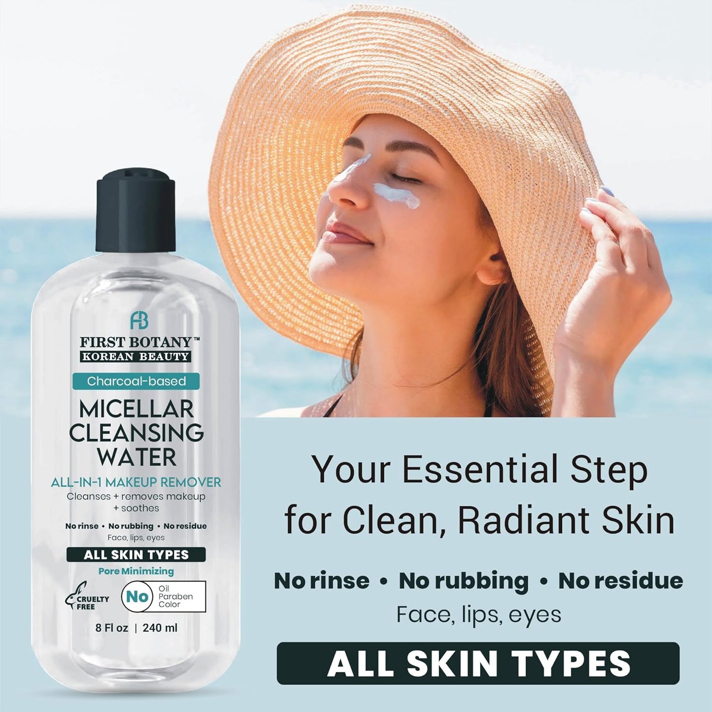 Korean Micellar Water Makeup Remover - Charcoal Hydrating Toner and Cleanser, Pore Cleansing,Oil-Free, Gentle for All Skin Types 8 oz,