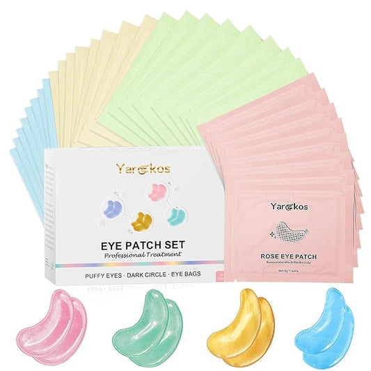 32 Pairs Under Eye Patches, Hydrating Eye Masks for Dark Circles Puffiness Puffy Eyes, Anti Wrinkle Collagen Undereye Pads, 32 Sets Travel Skincare Face Gel (24K Golden+Blue+Pink+Green)