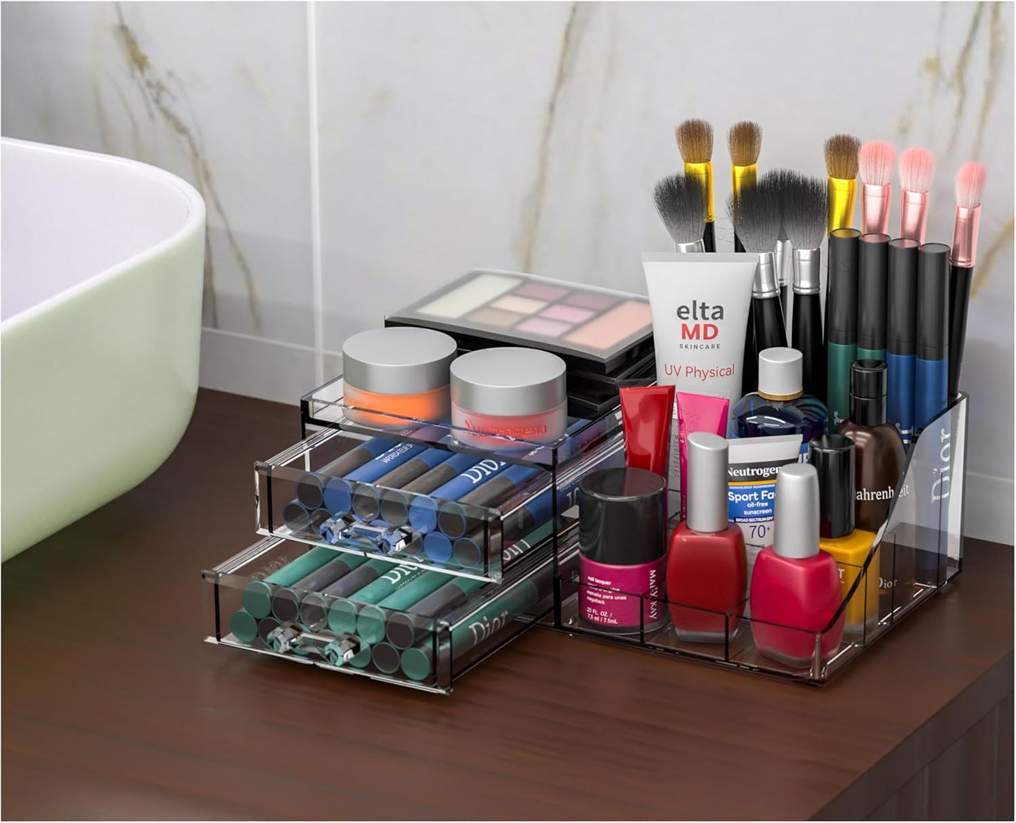 Acrylic Small Makeup Organizer with Drawers,Clear Skincare Organizer for Vanity,Dresser,Bathroom Countertop,Cute Cosmetic Organizer for Lip Gloss,Makeup Brush,Beauty,Skin Care and Cosmetic Storage