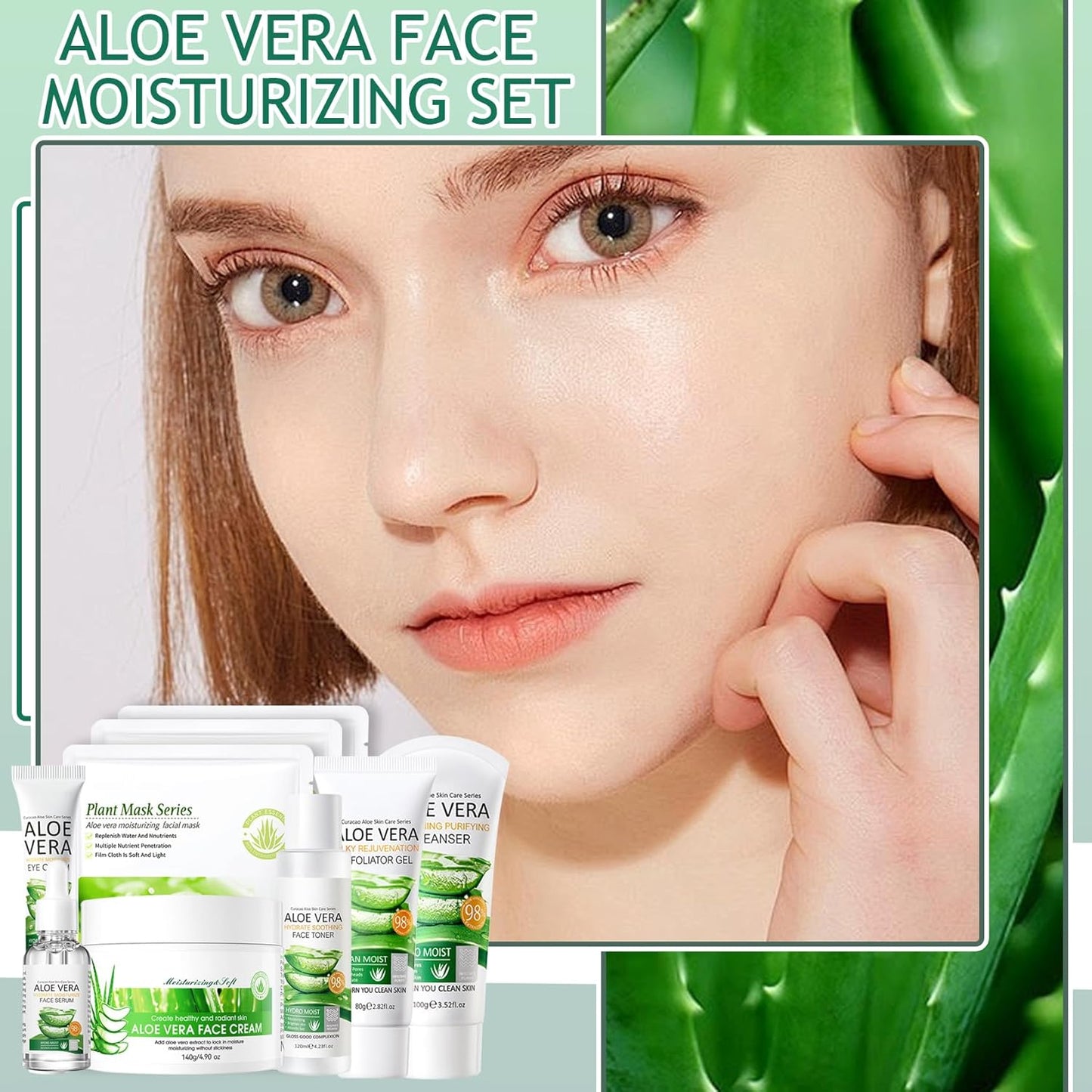 Aloe Vera Skin Care Set,Facial Kit with Facial Cleanser,Toner,Eye Cream,Face Serum,,Exfoliating Gel,Face Cream & 3PCS Mask,Travel Skincare Kit for Women (9PCS)