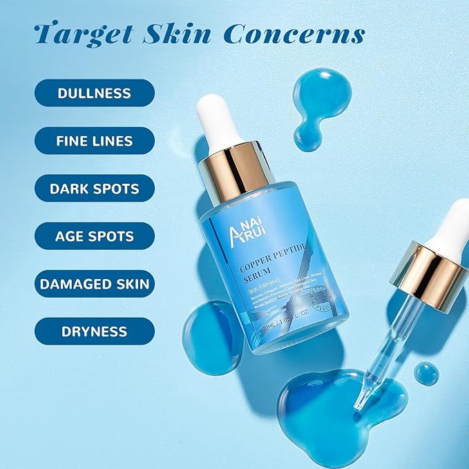 ANAI RUI Copper Peptides Serum for Face -Copper Peptide Face Serum + Hyaluronic Acid - Reduces Fine Lines & Wrinkles, Plumping and Radiant Skin, 1.fl.Oz