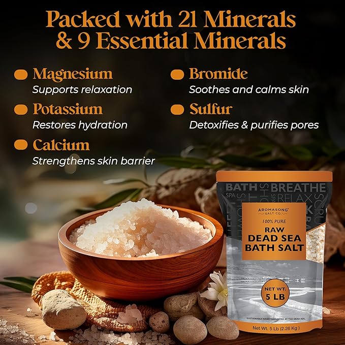 Aromasong 5 lbs Raw Dead Sea Salt - Contains All Dead sea Minerals Including Dead sea Mud - Fine Medium Grain Bath Salt Large resealable Bulk Pack (Packaging May Vary)