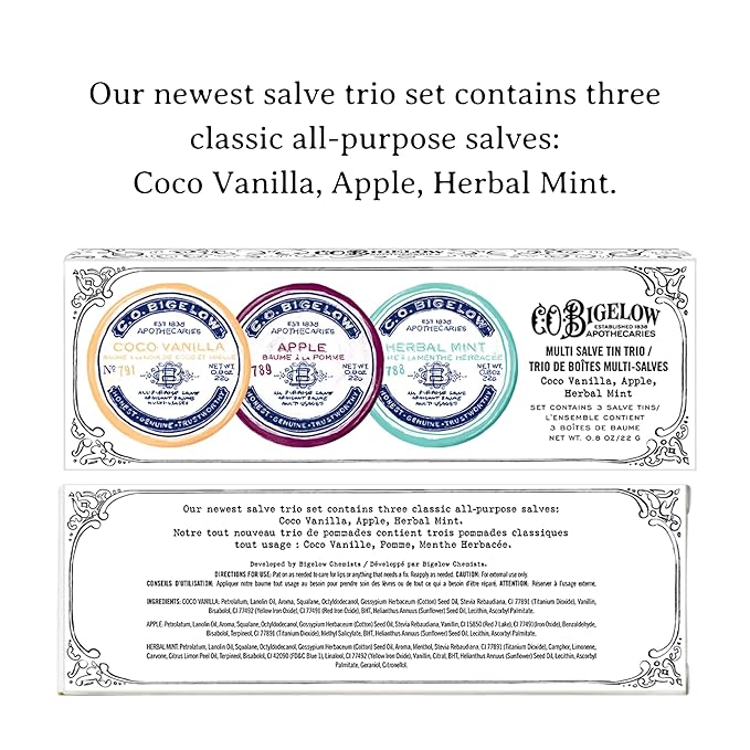 C.O. Bigelow All Purpose Salves, Variety Pack of 3 Lip Balm Tins for Chapped Lips & Dry Skin, Coco Vanilla, Apple, Herbal Mint Moisturizing Lip and Skin Salves, 0.8 oz each