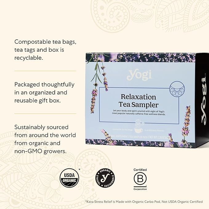 Yogi Tea Relaxation Sampler Box – Easter Basket & Stress Relief Gifts - 8 Favorite Herbal Teas (32 Tea Bags) - Assorted Delicious Wellness Teas - Caffeine Free - Variety Pack Sampler