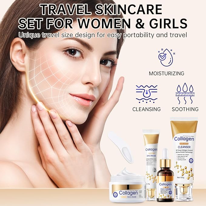 Collagen Skin Care Set, Anti Aging Skincare Set for Reduce Wrinkles, Shrink Pores, Smooth Fine Lines, Hydrating, 4 Pcs Travel Skincare Kits for Women with Cleanser, Serum, Cream, Eye Cream.