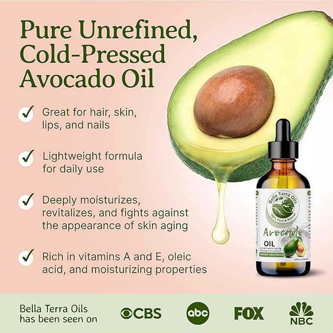 Bella Terra Oils - Avocado Oil 4 oz - Dive into The Purity of Natural Avocado, Abundant in Vitamin K & C, Superior Blend for Essential Oils