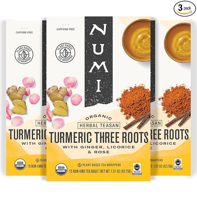 Numi Organic Three Roots Turmeric Tea, 12 Tea Bags (Pack of 3) With Ginger, Licorice, Rose, Caffeine Free, Packaging May Vary