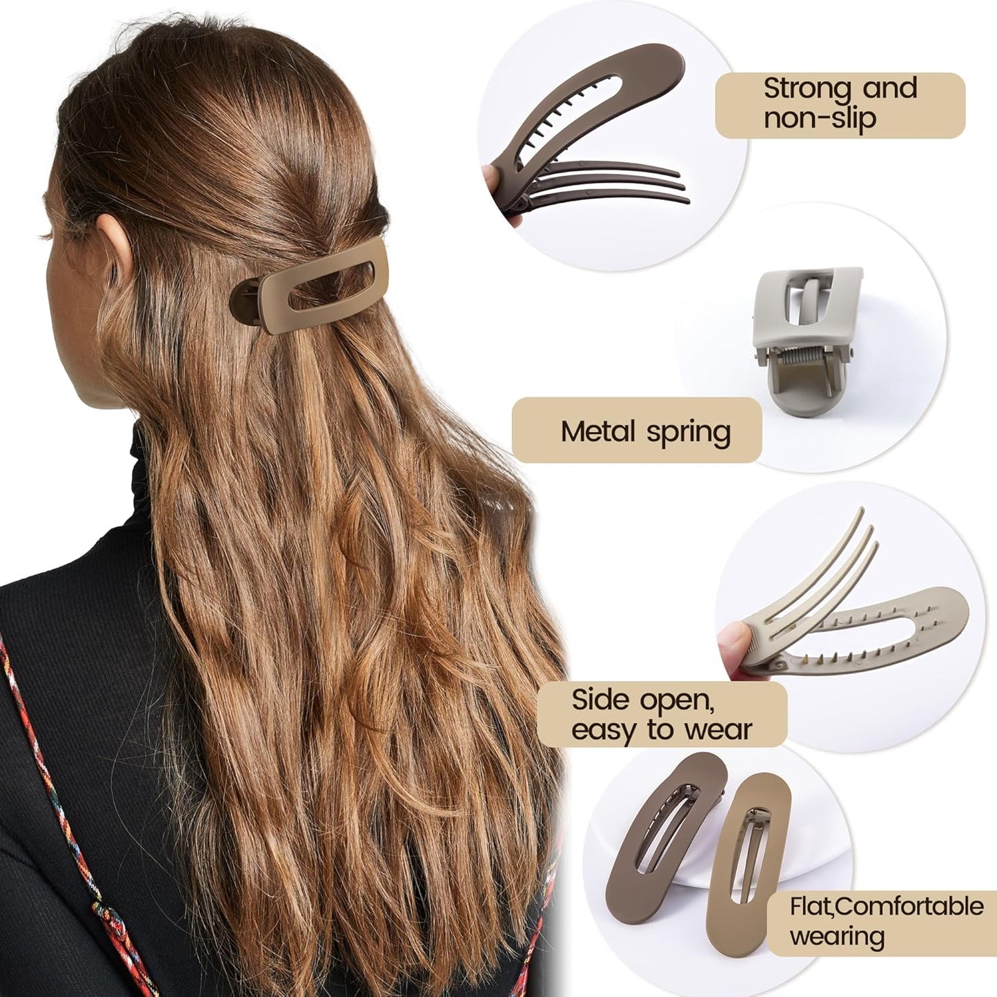 8 Pcs Large Lay Flat Claw Clips for Women French Side Slide Barrettes for Thin Fine Hair Rectangle Alligator Hair Accessories, Matte Multiple Brown