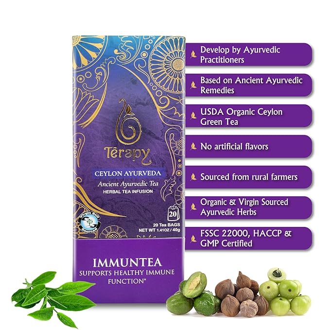 Térapy Ceylon ImmunTea Organic Tea Bags | All Natural Herbal Ingredients | Eco-friendly & Unbleached Pure Herb Tea Bags- Premium Individually Wrapped Herbal Tea Bags- 20 Count Tea Bags, 1.41oz(40g)