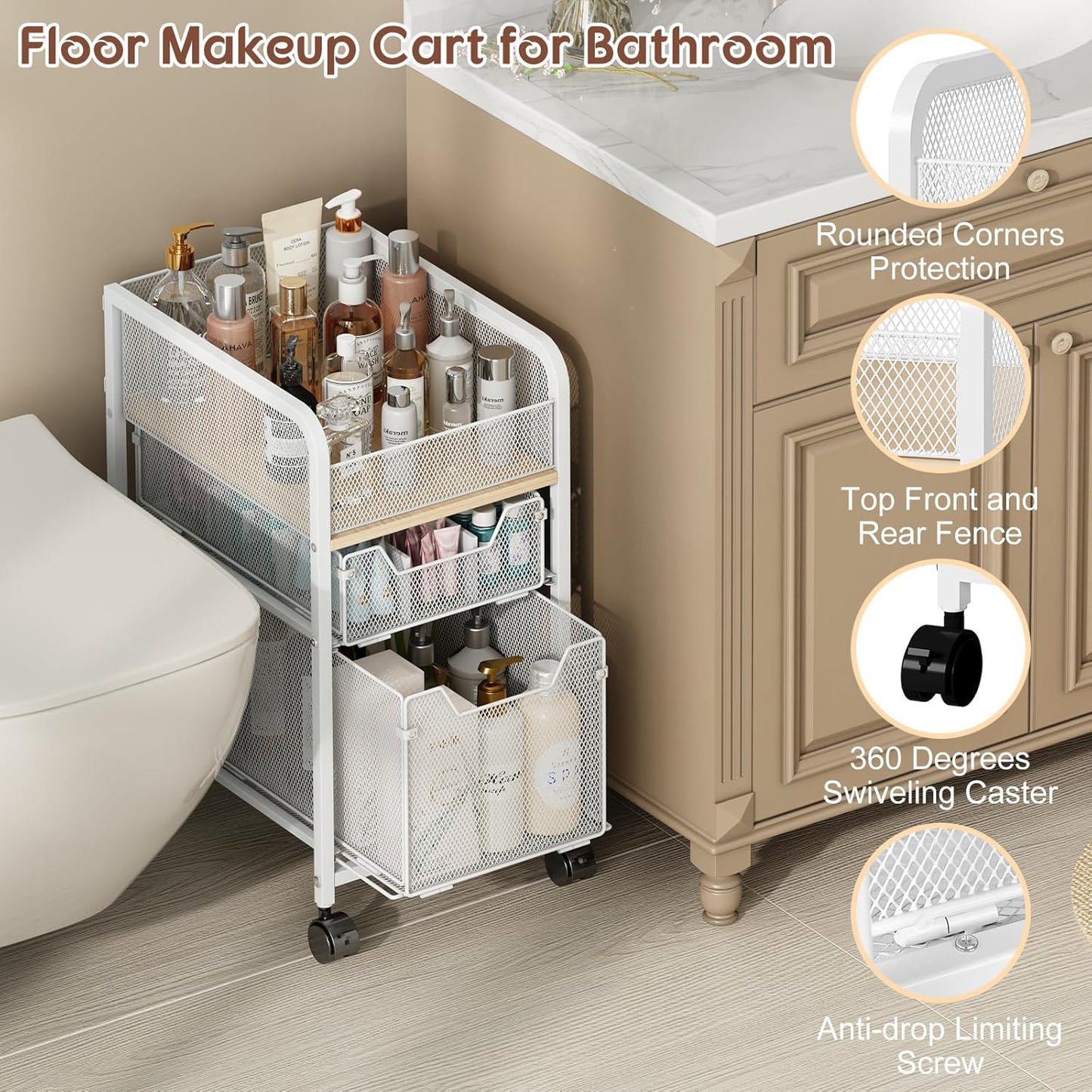 Rolling Makeup Cart Organizer with 2 Drawers, Narrow Floor Skincare Organizers, Vanity Organizer Cosmetics Display Cases Holder for Skin Care Nail Polish Perfume Makeup Brush, White