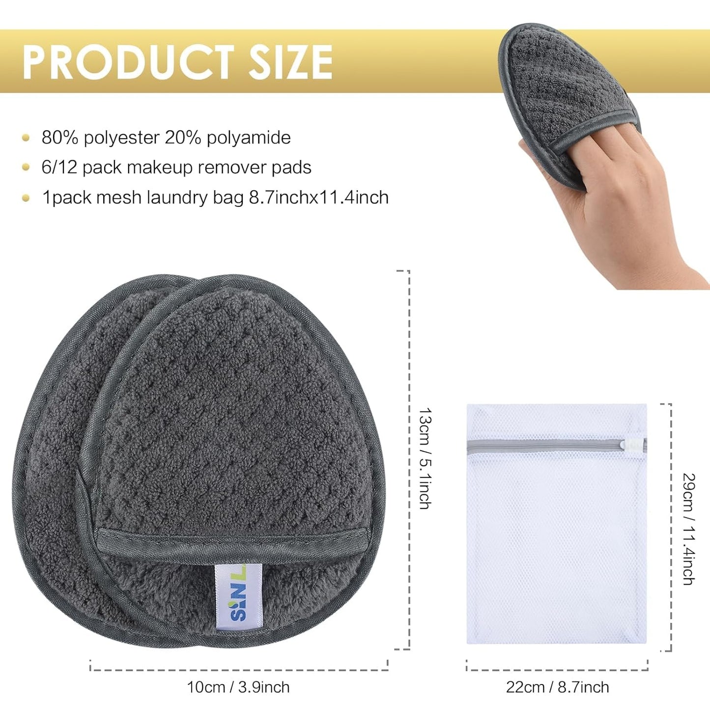 SINLAND Reusable Makeup Remover Pads For Face,Eye,Lips Microfiber Gentle Facial Cleansing Cloths for All Skin Types Friendly for Makeup Remover With Laundry Bag 5.1inchx3.93inch Gray Pack of 6