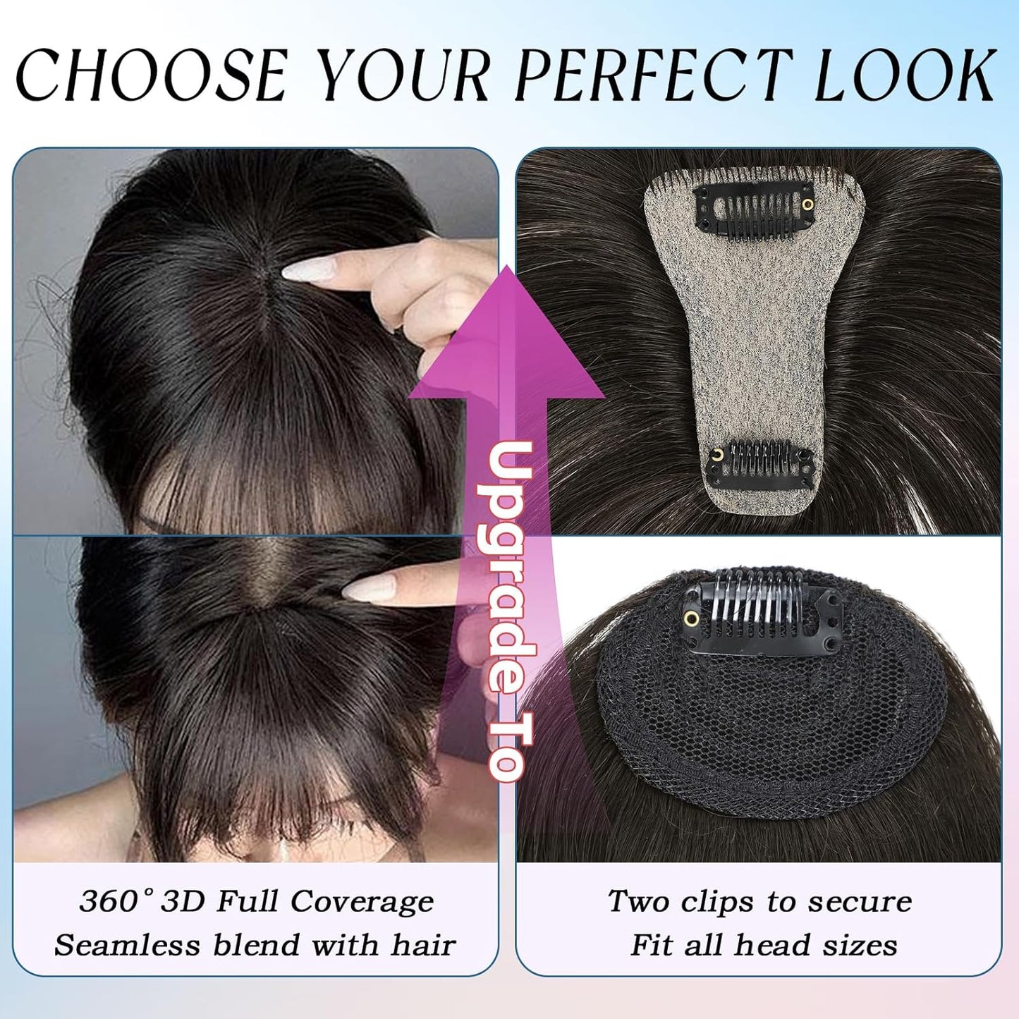 Bangs Hair Clip Human Hair Natural Black French Bangs for Women Fringe with Temples Hairpieces (Brown Black, 3D Bangs)