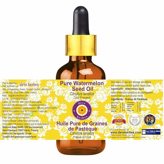 Deve Herbes Pure Watermelon Seed Oil (Citrullus lanatus) with Glass Dropper 100% Natural Therapeutic Grade Cold Pressed 10ml (0.33 oz)