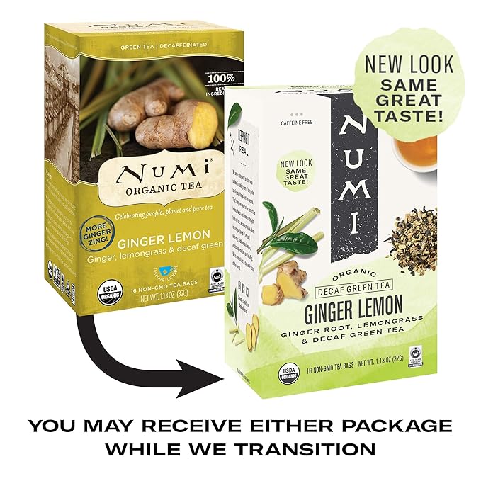 Numi Organic Tea Decaf Ginger Lemon, 16 Count Box of Tea Bags, Decaf Green Tea (Packaging May Vary)