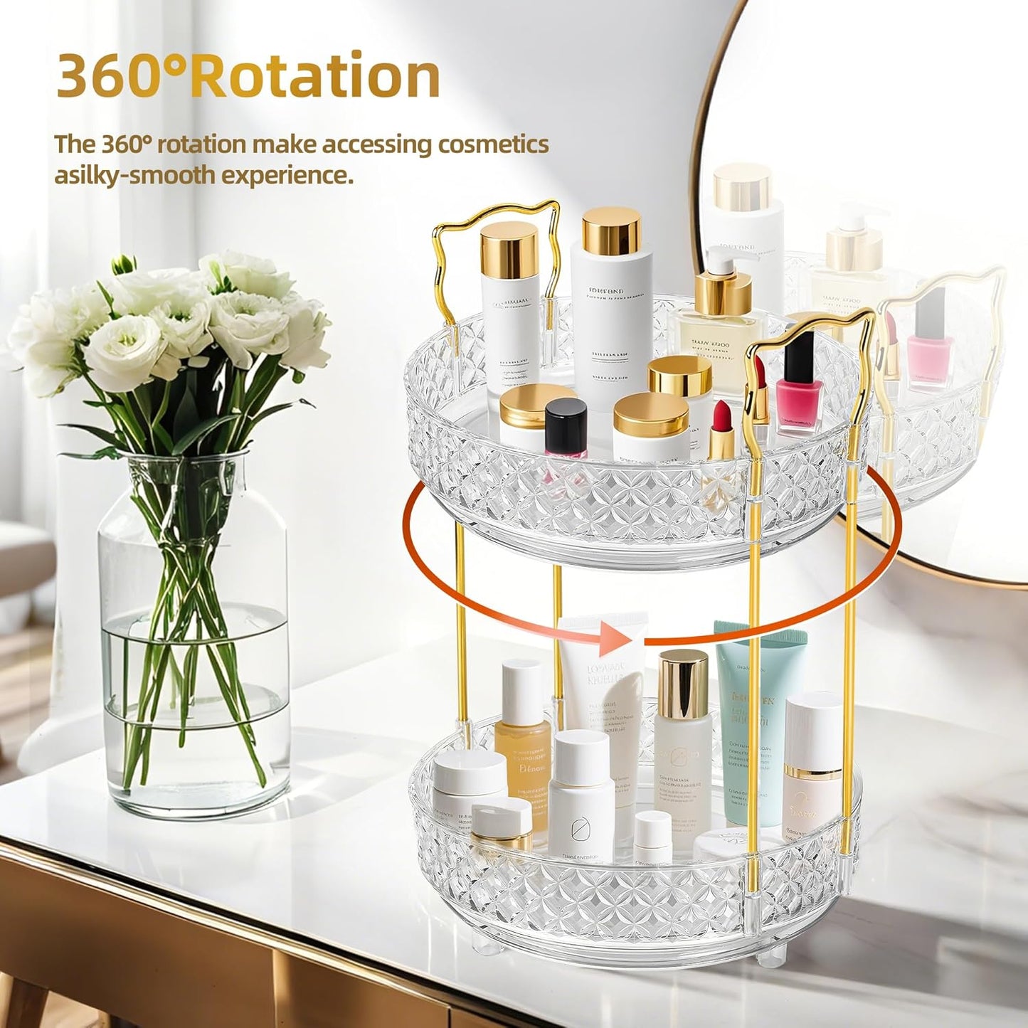 360 Rotating Makeup Organizer for Vanity, 2Tier Adjustable Perfume Organizer for Dresser, Multi-Function Spinning Cosmetics Skincare Storage for Bedroom, Dresser, Countertop, Clear