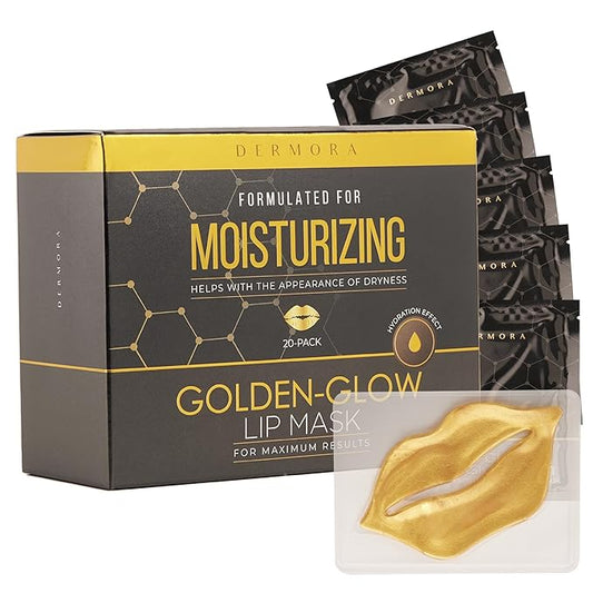 DERMORA Skin Treatment Mask Golden Glow Lip Mask - 20 Pack Lip Gel Masks - Rejuvenating Lip Masks for Lines, Wrinkles, Tightening, Firming