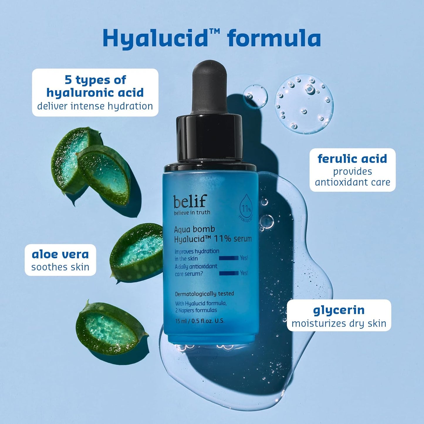 belif Aqua Bomb Hyalucid™ 11% Plumping Serum – Deep Hydration with 5 Types of Hyaluronic Acid, Aloe Vera & Moisture-Binders, Lightweight Skin Booster, Korean Skincare (0.5 fl.oz.)