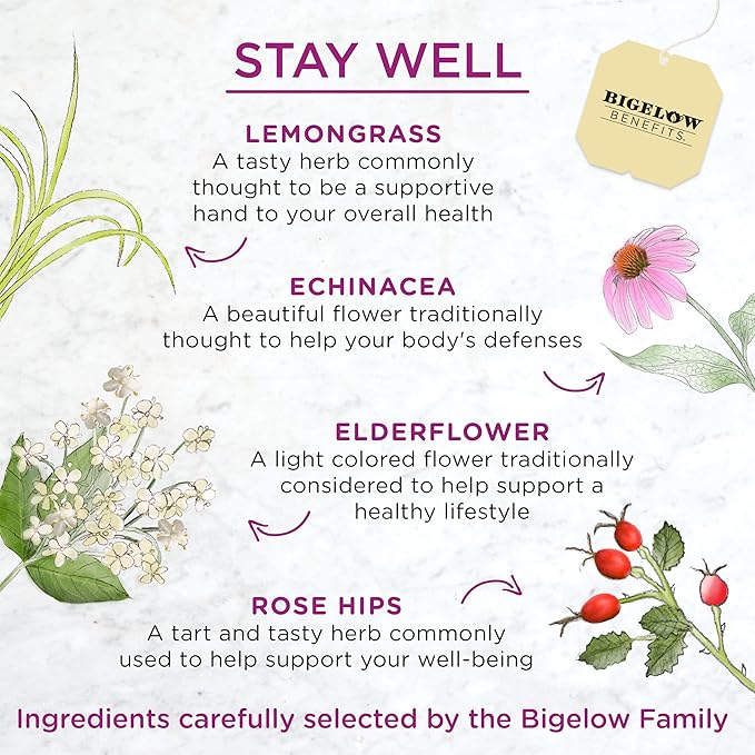 Bigelow Benefits Stay Well Lemon and Echinacea Herbal Tea, Caffeine Free, 18 Count (Pack of 6), 108 Total Tea Bags