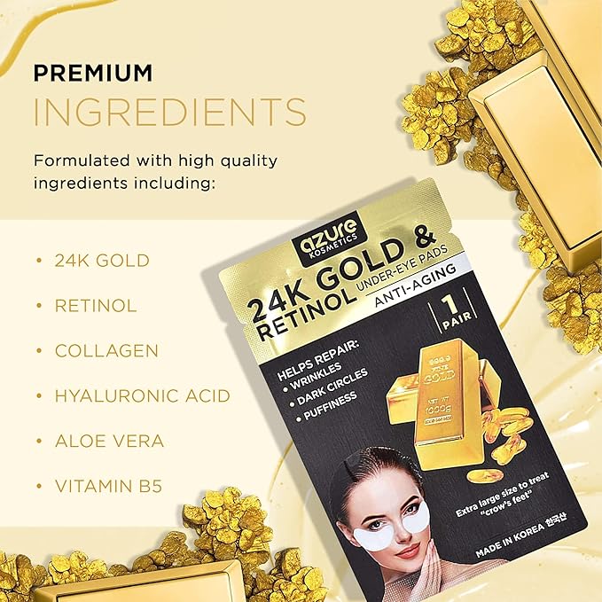 AZURE 24K Gold & Retinol Anti Aging Under Eye Patches - Firming, Restoring & Deeply Hydrating Eye Mask - Reduces Fine Lines, Wrinkles, Dark Circles & Puffiness - Skin Care Made in Korea - 10 Pairs