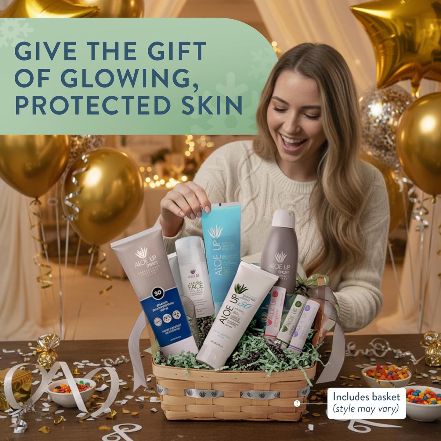 Aloe Up Sun & Skin Care Gift Basket – 6-Piece for Men & Women Set with SPF Moisturizers, Sport Sunscreens, Lip Balm & Aloe Gel – Alcohol-Free, Reef Friendly, Hydrating Skincare Kit