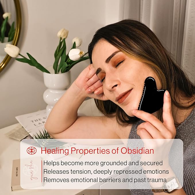 Rena Chris Gua Sha Facial Tools, Natural Obsidian Gua Sha with Teeth for Face & Body, Manual Massage Sticks for Jawline Sculpting and Puffiness Reducing, Facial Massage Tool, Skin-Care (Black)
