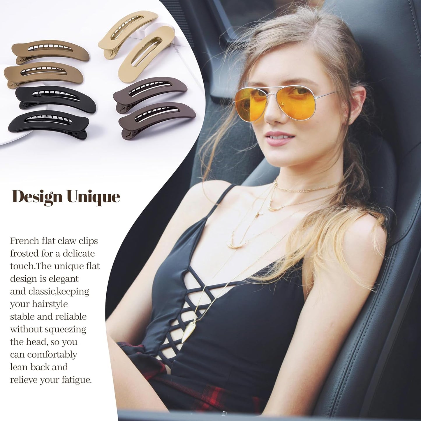 8 Pcs Large Lay Flat Claw Clips for Women French Side Slide Barrettes for Thin Fine Hair Rectangle Alligator Hair Accessories,Matte Coffee Khaki Brown Black