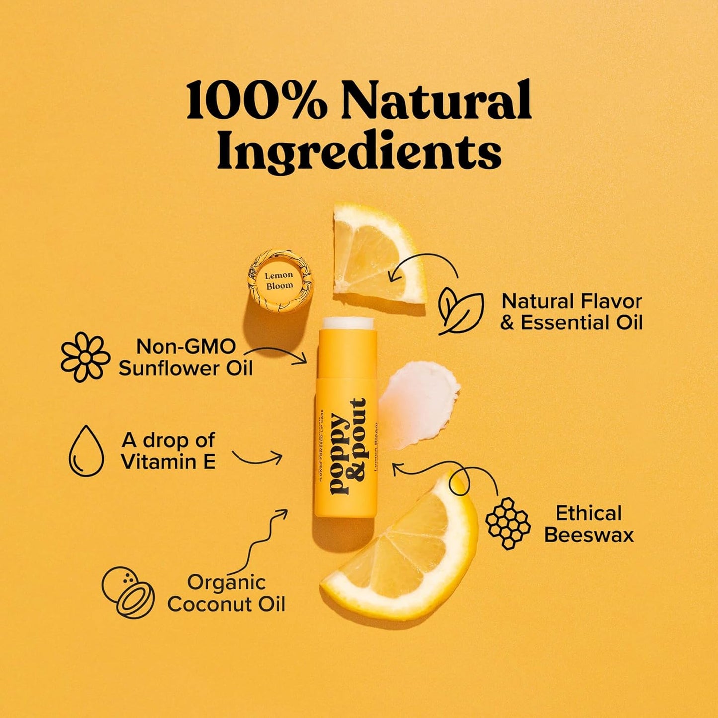 Poppy & Pout Lemon Bloom Jumbo Lip Balm | All Natural Lip Balms & Moisturizers | Hydrates with Beeswax, Vitamin E, Organic Coconut Oil | Cruelty-Free | Lip Balm in Recyclable Cardboard Tube