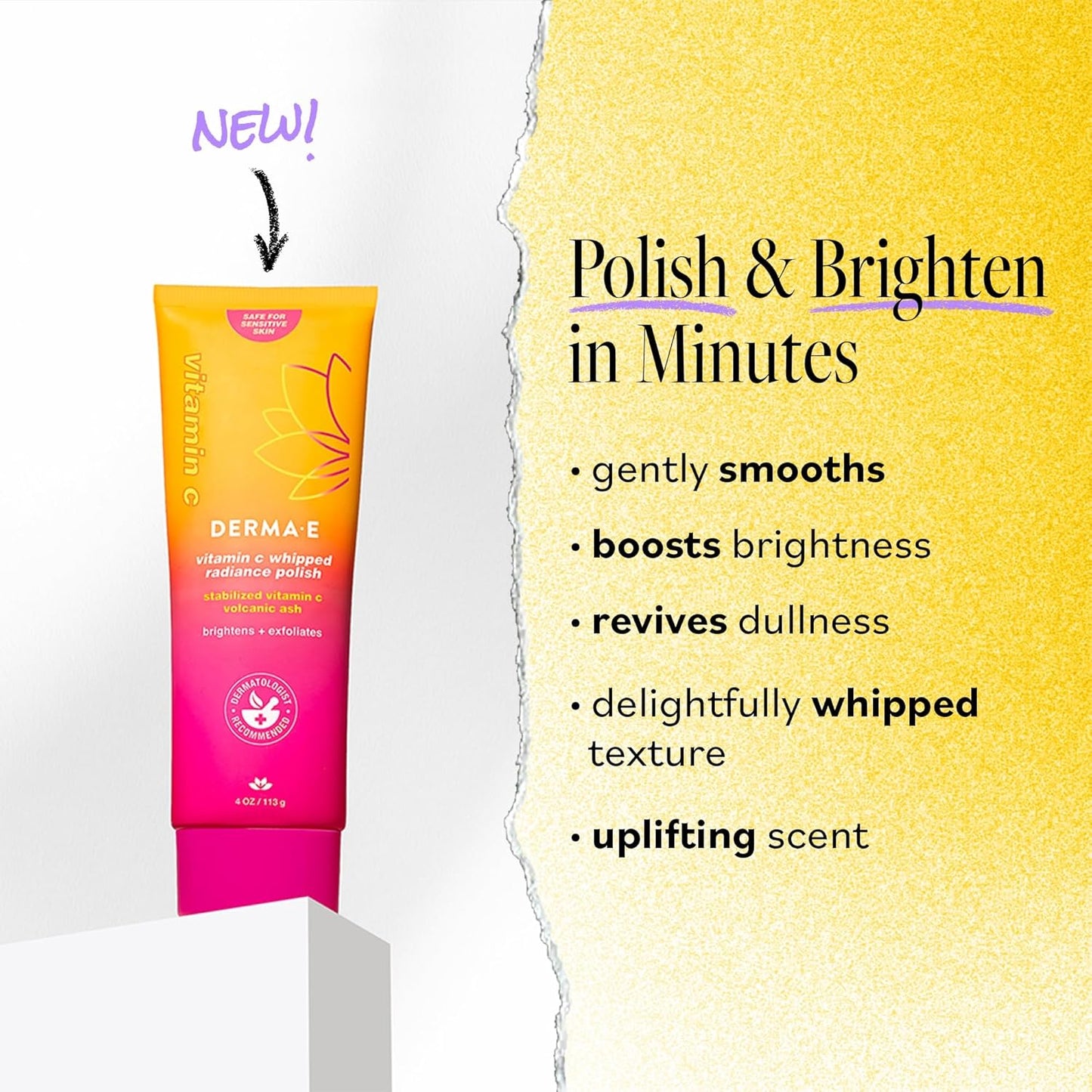 DERMA E Face Exfoliator, Vitamin C Whipped Radiance Polish, 4 Oz, Stabilized Vitamin C & Dual-Action Exfoliation to Help Brighten, Exfoliate & Protect Skin Barrier, Gentle Skin Care