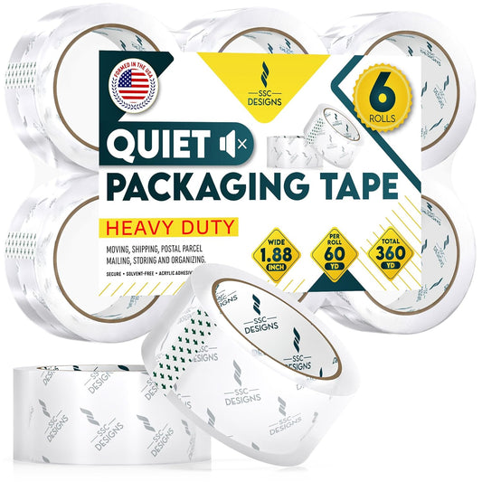 Packing Tape Clear Packaging Refill No Noise Heavy Duty Shipping Adhesive Quiet Dispenser Moving Supplies Boxes Mailing Strong Sealing Boxing Office Silent 60 Yds x 1.88" Wide x 2.7 Mil Thick 6 Rolls